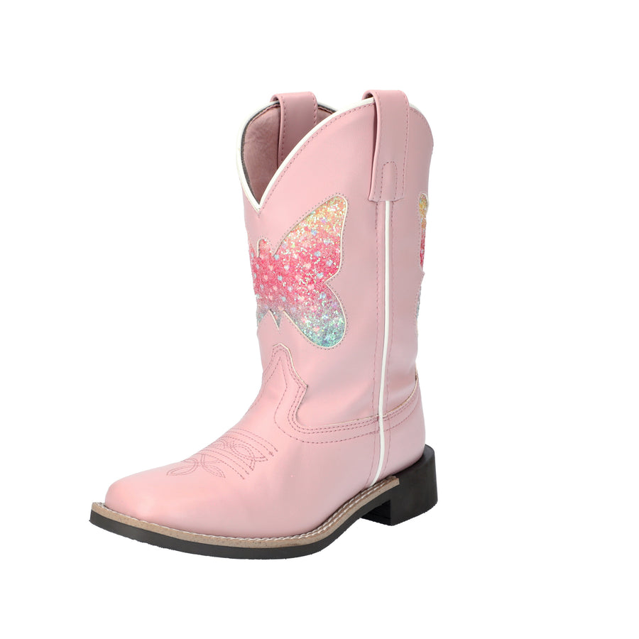 Kid's Chloe Pink Western Boot with Butterfly Glitter Underlay