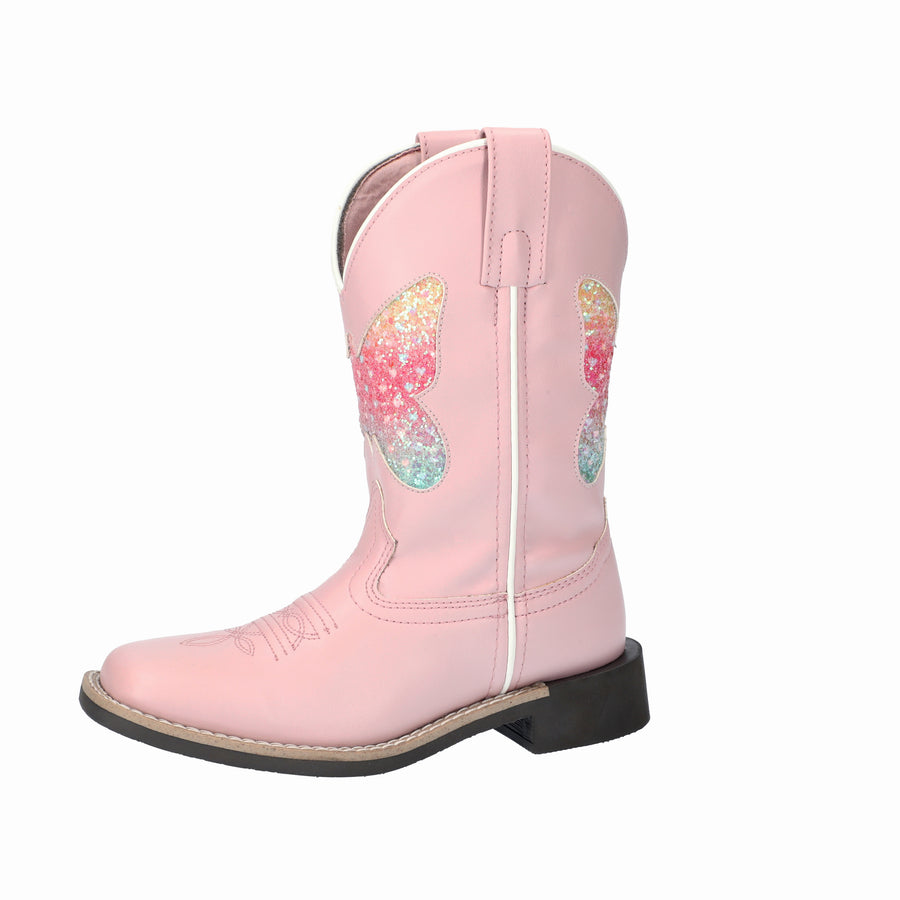 Kid's Chloe Pink Western Boot with Butterfly Glitter Underlay