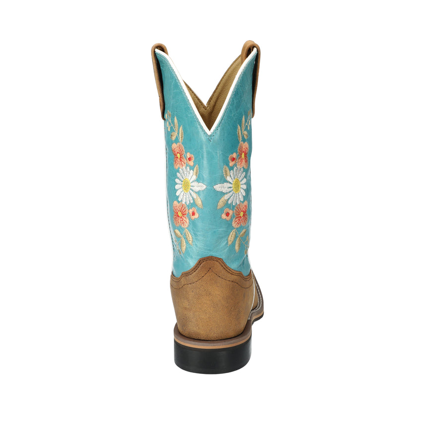 Women's Desert Flowers Brown Distress/Turquoise Western Boot with Floral Embroid