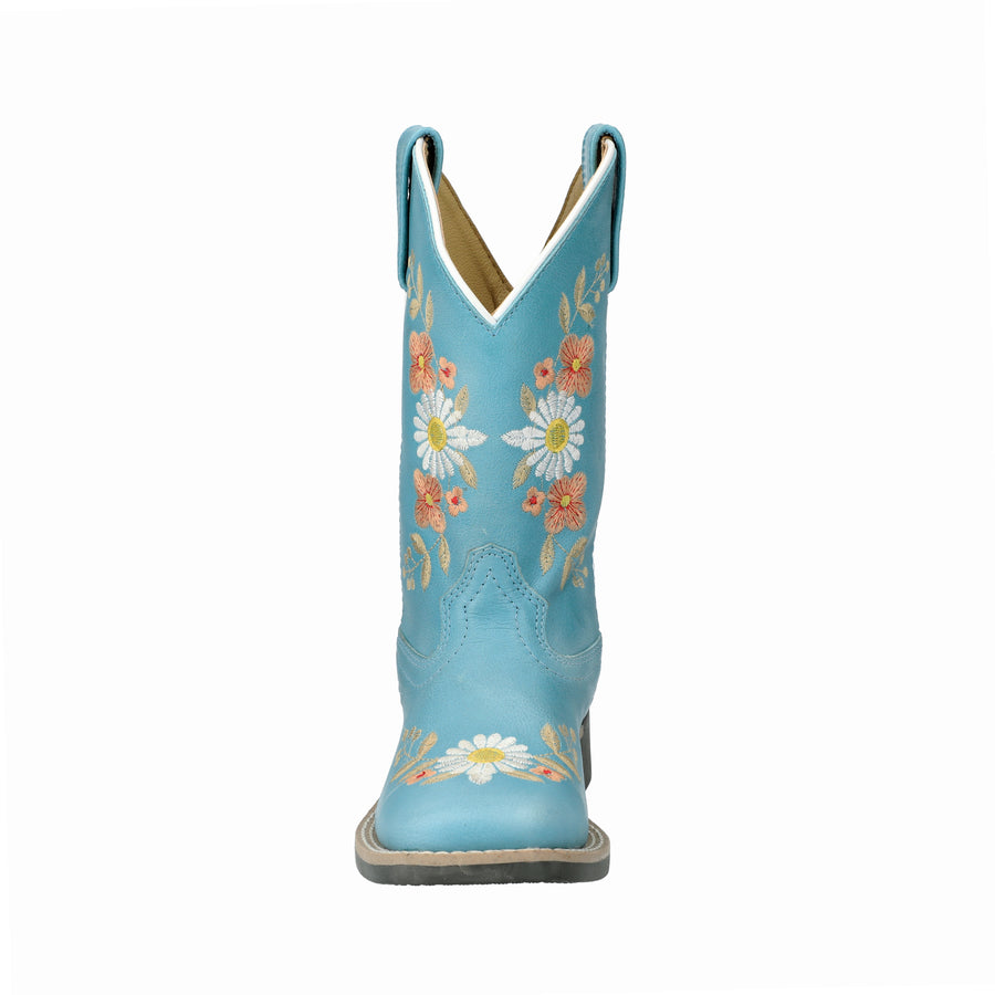 Kid's Desert Flowers Turquoise Leather Western Boot with Embroidery