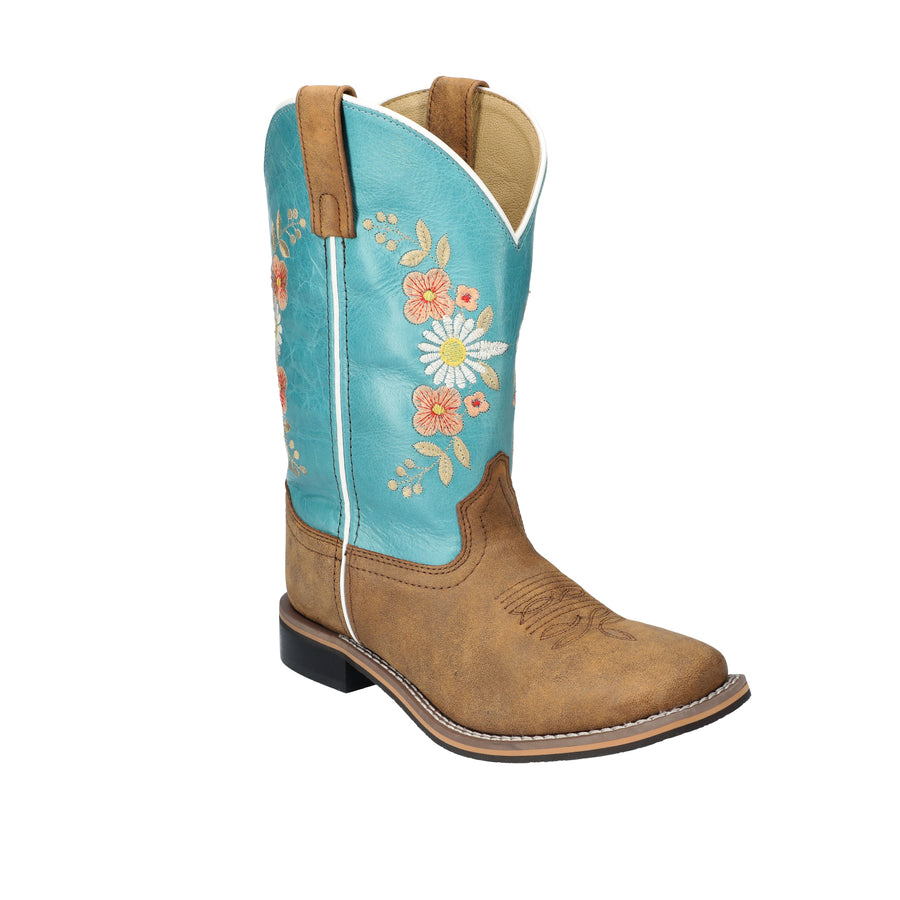 Women's Desert Flowers Brown Distress/Turquoise Western Boot with Floral Embroid