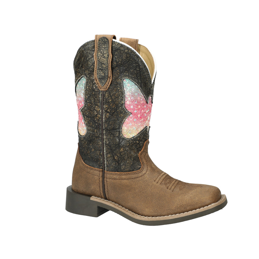 Kid's Chloe Brown Distress/Charcoal Leather Western Boot with Butterfly Glitter