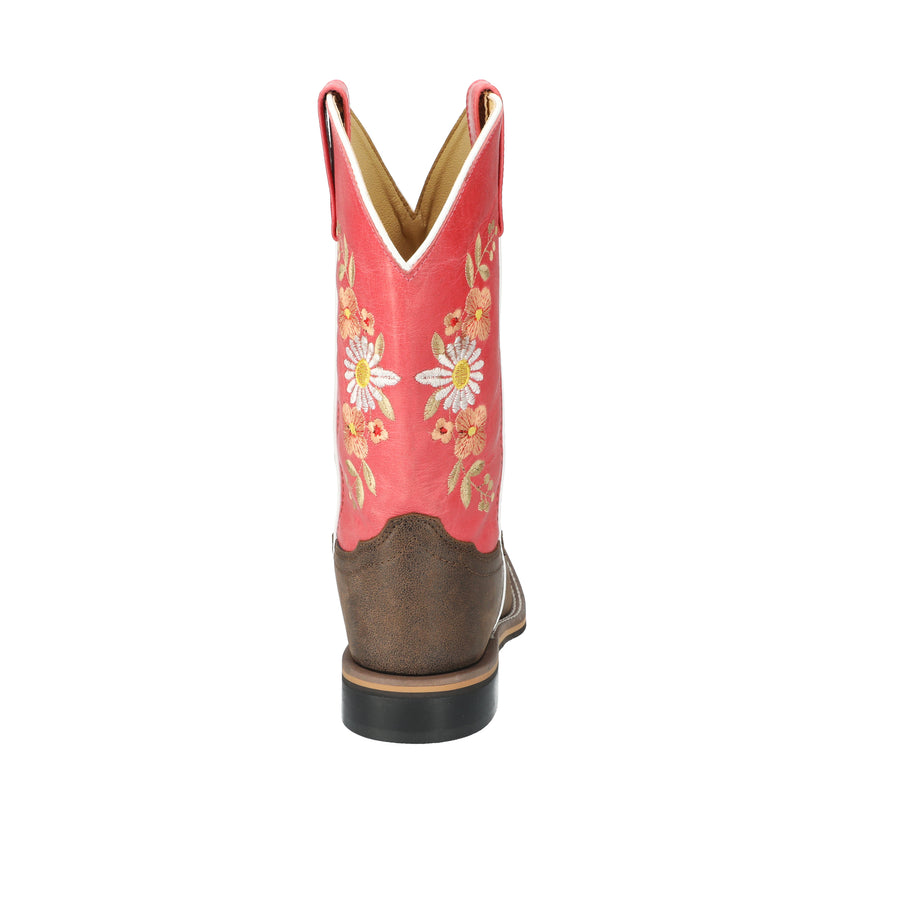 Women's Desert Flowers Vintage Chocolate/Coral Western Boot with Floral Embroide