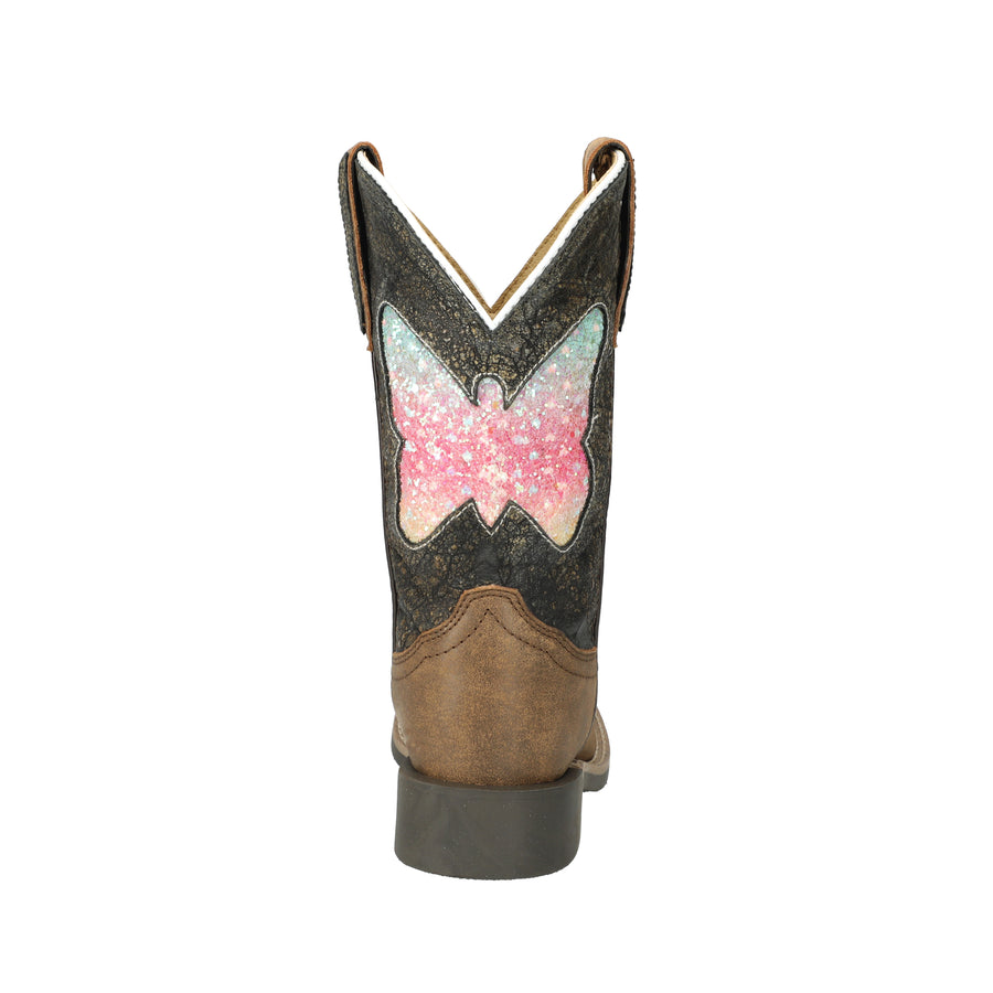Kid's Chloe Brown Distress/Charcoal Leather Western Boot with Butterfly Glitter