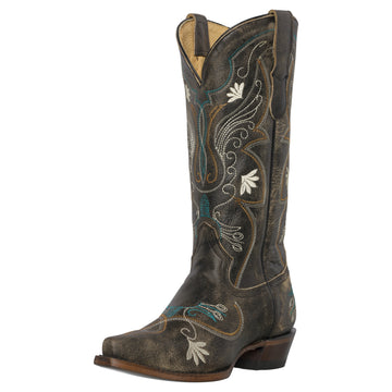 Womens Western Cowgirl Cowboy Boots, Juliet Heritage Square Snip Toe by Silver Canyon, Black, Cream Flowers