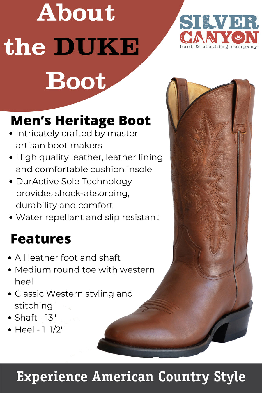 Mens Western Leather Cowboy Boots, Duke Heritage Round Toe by Silver Canyon, Chestnut