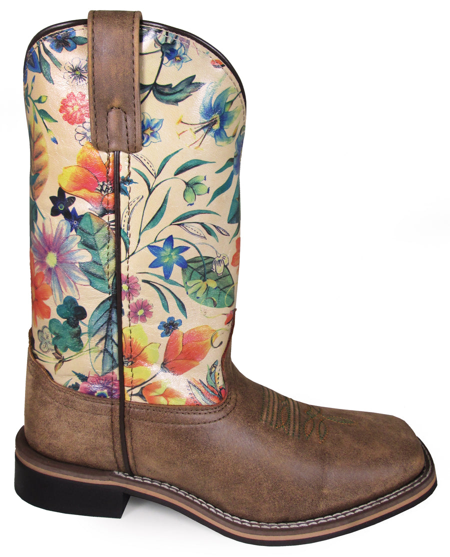 Smoky Women Blossom Brown Distress, Cream Leather Western Cowboy Boot