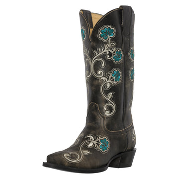 Womens Western Cowgirl Cowboy Boots, Florence Heritage Square Snip Toe by Silver Canyon, Black, Turquoise Flowers