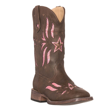 Children Western Kids Cowboy Boot | Star Glitter Brown Square Toe for Girls by Silver Canyon