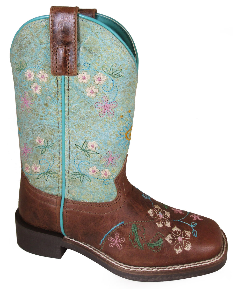 Smoky Children Wildflower Brown Waxed Distress, Turquoise Western Cowboy Boot