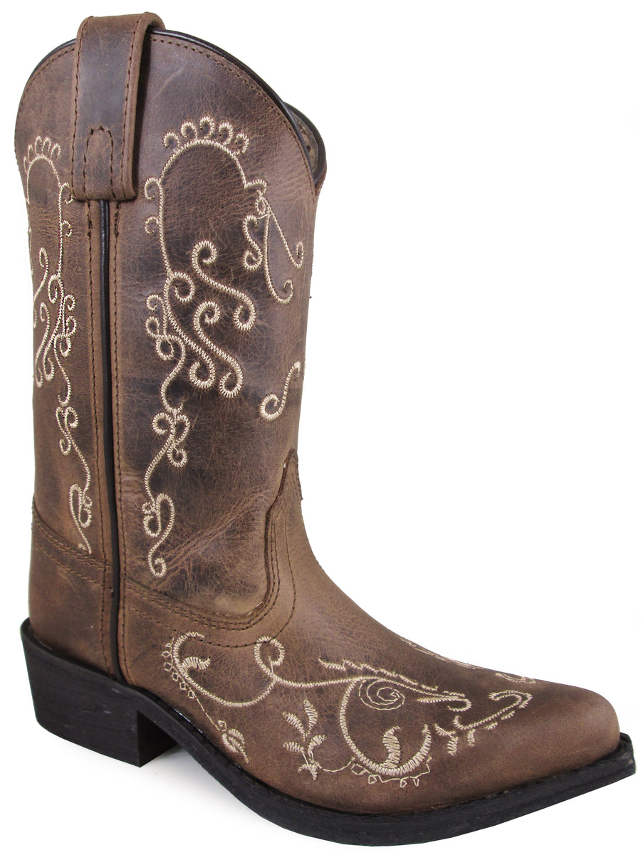 Smoky Mountain Children's Jolene Pull On Embroidered Snip Toe Brown Waxed Distress Boots