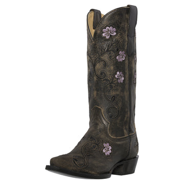 Womens Western Cowgirl Cowboy Boots, Florence Heritage Square Snip Toe by Silver Canyon, Black, Purple Flowers