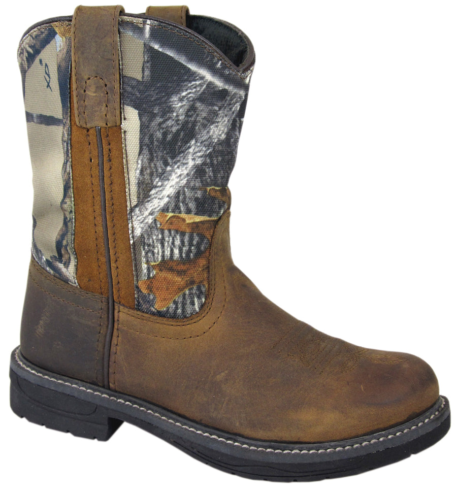 Smoky Mountain Childrens Buffalo Wellington Distressed Leather Round Toe Brown/Camo Western Cowboy Boot