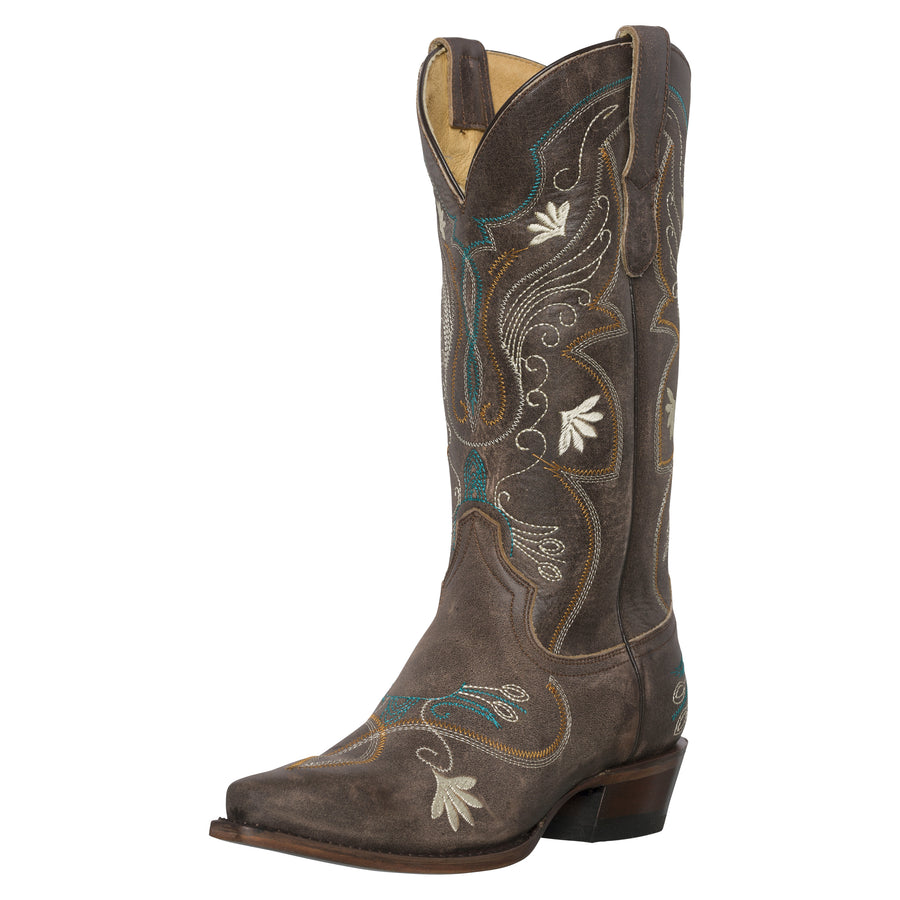 Womens Western Cowgirl Cowboy Boots, Juliet Heritage Square Snip Toe by Silver Canyon, Brown, Cream Flowers