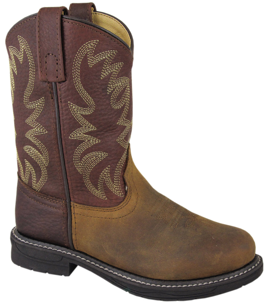 Smoky Mountain Childrens Buffalo Wellington Oiled Distressed Leather Round Toe Brown Western Cowboy Boot