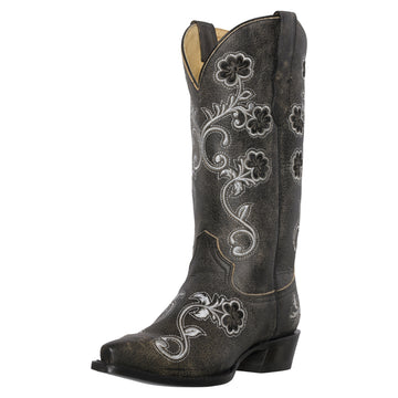 Womens Western Cowgirl Cowboy Boots, Florence Heritage Square Snip Toe by Silver Canyon, Black, Black Flowers