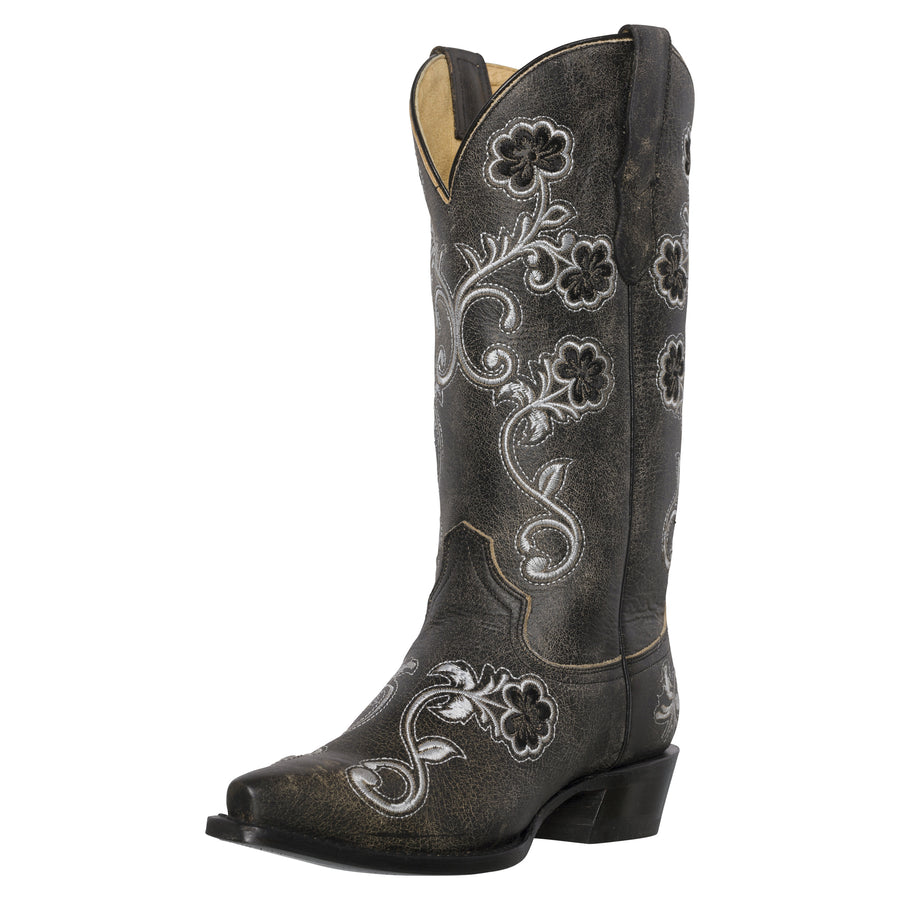 Womens Western Cowgirl Cowboy Boots, Florence Heritage Square Snip Toe by Silver Canyon, Black, Black Flowers