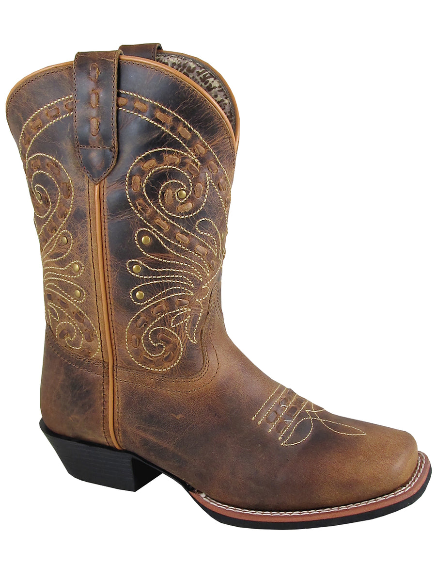 Smoky Mountain Women's Shelby Pull On Straps Stitched Design Square Toe Brown Waxed Distress Boots
