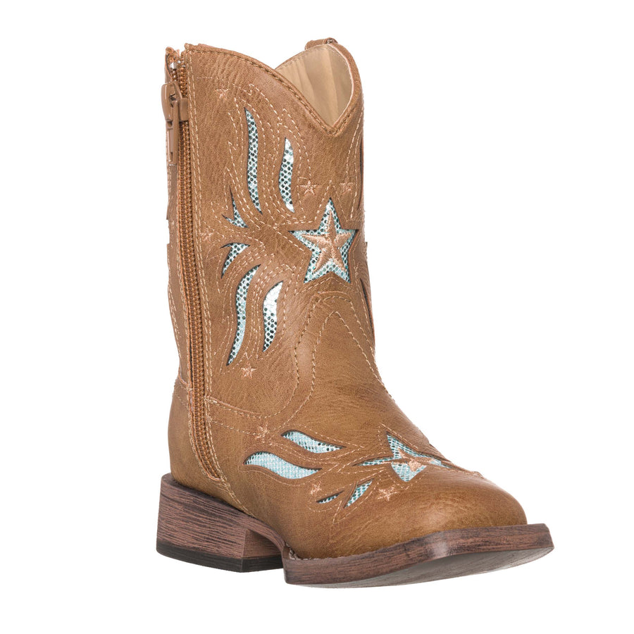 Children Western Kids Cowboy Boot | Star Glitter Toddler Tan Square Toe for Girls by Silver Canyon