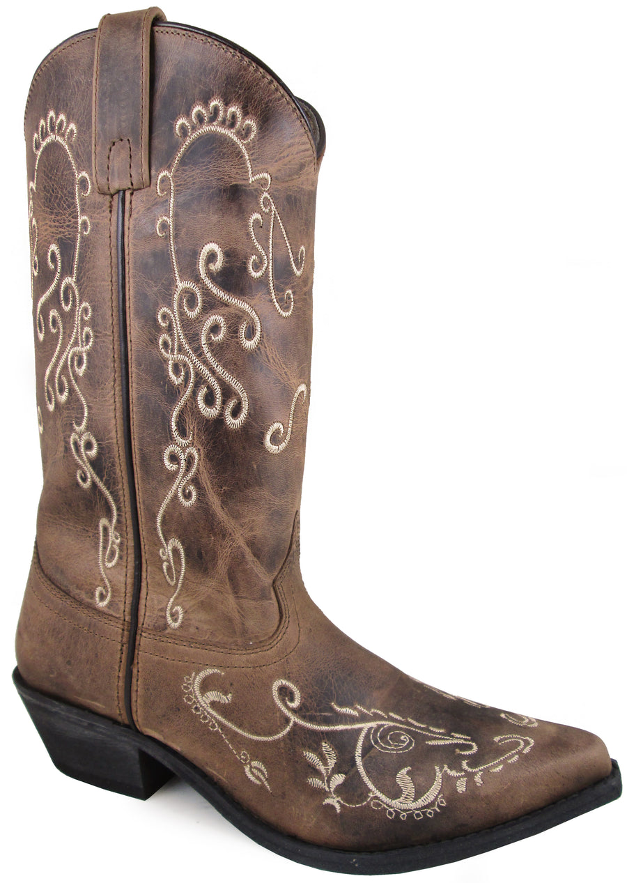 Smoky Mountain Women's Jolene Pull On Embroidered Snip Toe Brown Waxed Distress Boots